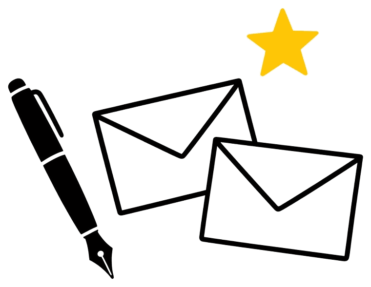 Line drawing of a pen, envelopes, and a yellow star