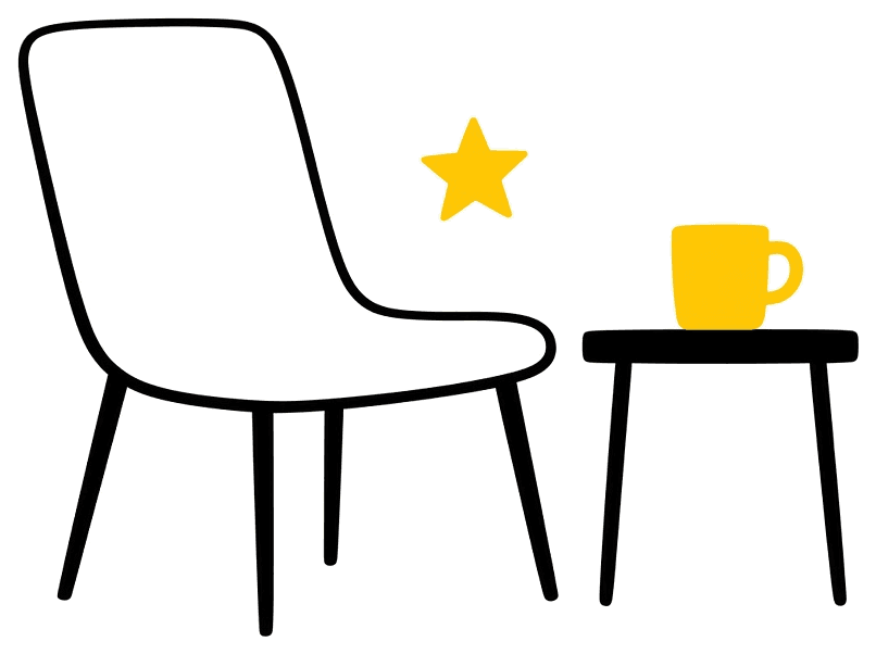 Line drawing of a studio chair, table, and yellow mug