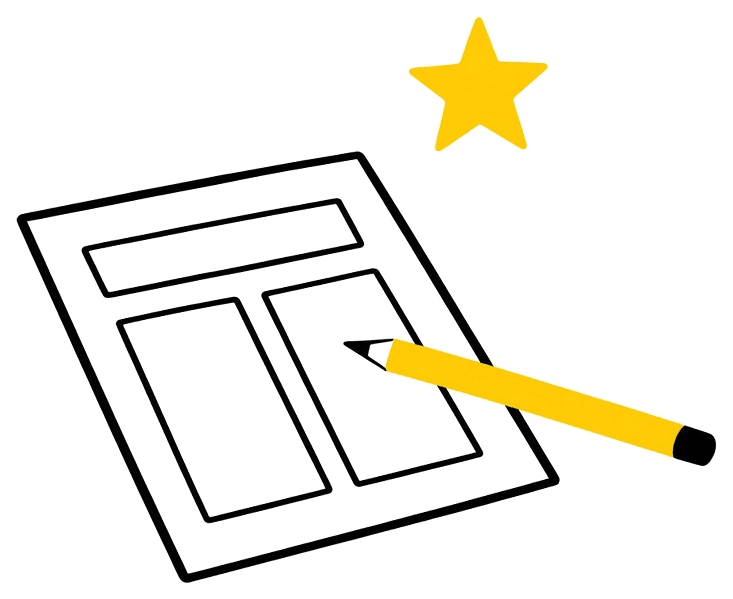 Line drawing of a page wireframe being sketched with a yellow pencil