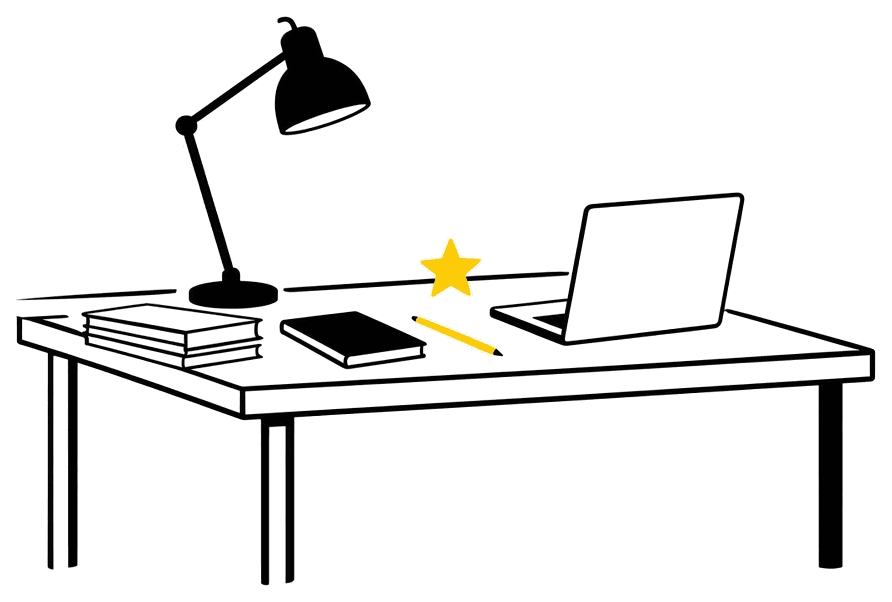 Line drawing of a studio desk with a lamp, laptop, and yellow pencil